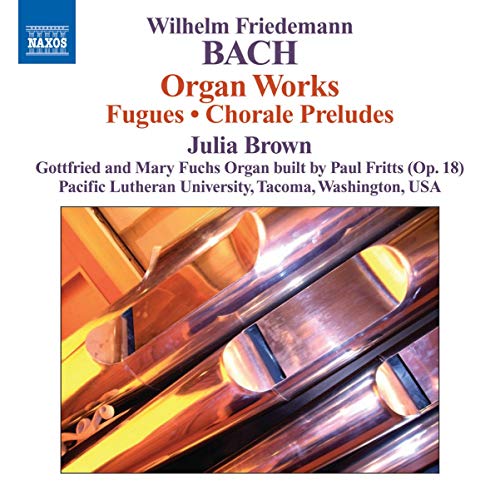 CD cover for Bach’s Organ Works performed by Julia Brown, featuring organ pipes.