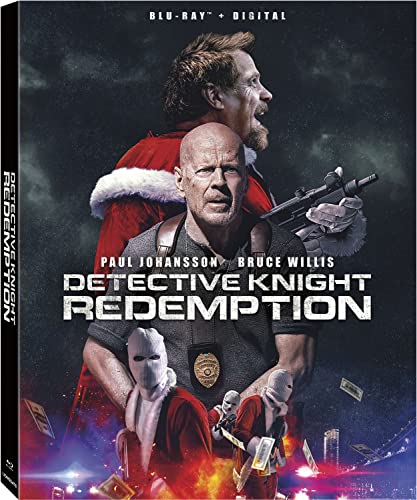 Blu-ray cover for "Detective Knight Redemption" featuring Bruce Willis with a gun.