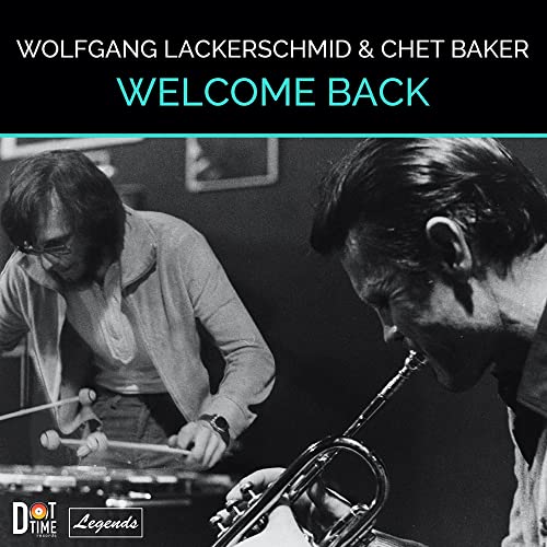 Black and white photo of two musicians playing instruments, album cover.