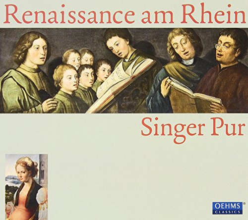 "CD cover with Renaissance-era painting of choir singing from a hymnal, beige background."