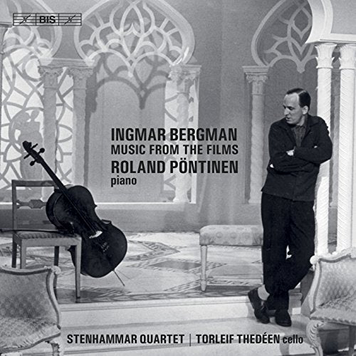Black and white CD cover featuring a man standing beside a cello.