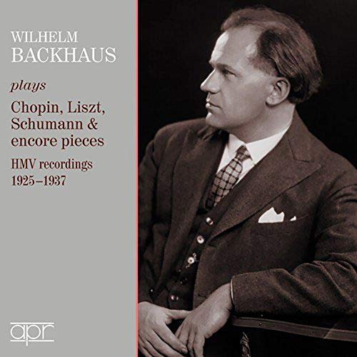 "CD cover featuring a black-and-white photo of Wilhelm Backhaus, a pianist, in a suit."