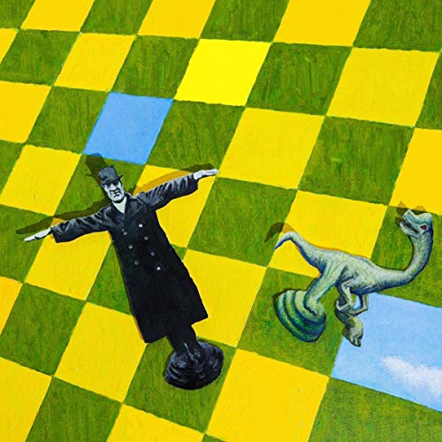 Man in coat and dinosaur on a checkered green and yellow floor.