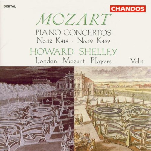 Mozart CD cover featuring 18th-century garden illustrations and green, black text on white.