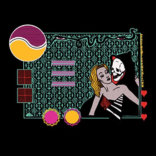 Collage of woman with skeletal figure, geometric shapes, and tarot cards.