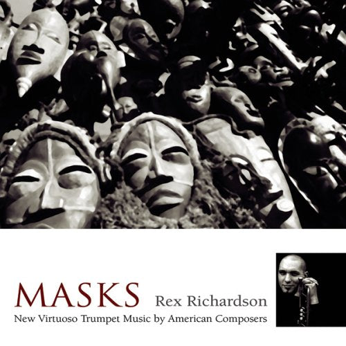 "CD cover featuring masks and a trumpeter's photo with title 'MASKS' and artist name."