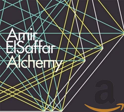 CD cover for Amir Elsaffar’s “Alchemy” with geometric lines and Amazon logo.