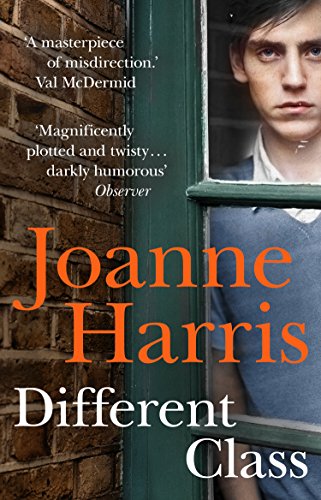 "Book cover of 'Different Class' by Joanne Harris, featuring a boy peering through a window."