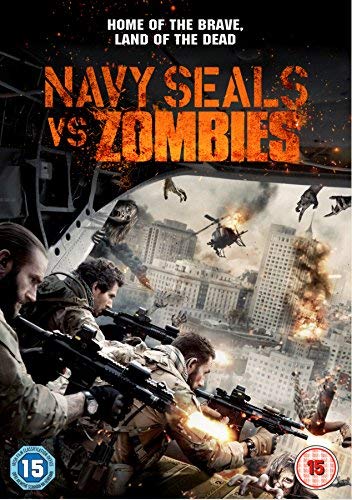 Navy Seals firing weapons amidst zombies and a burning cityscape.
