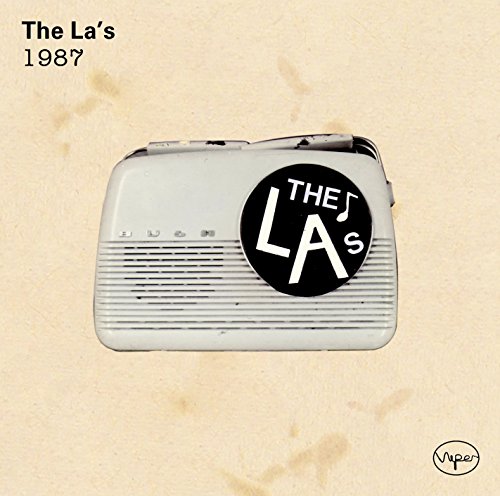 A beige album cover featuring a white radio with a black "The La's" logo.