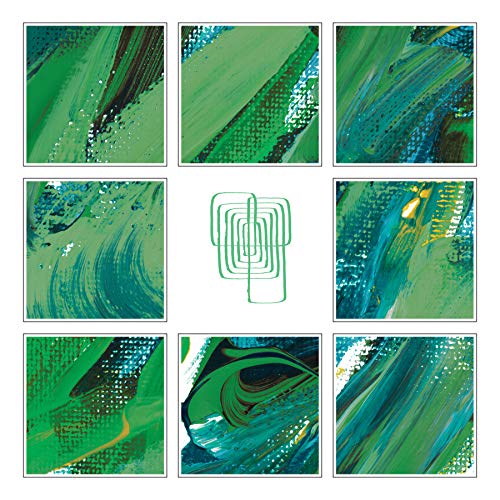 Nine squares of abstract green and blue brushstrokes with a white symbol.