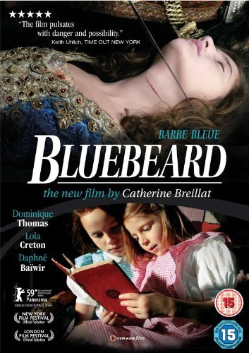 "Bluebeard DVD cover featuring a woman and two girls reading a book."