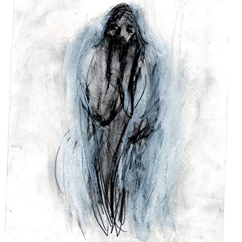 Sketch of a ghostly figure with long, dark hair on a white background.
