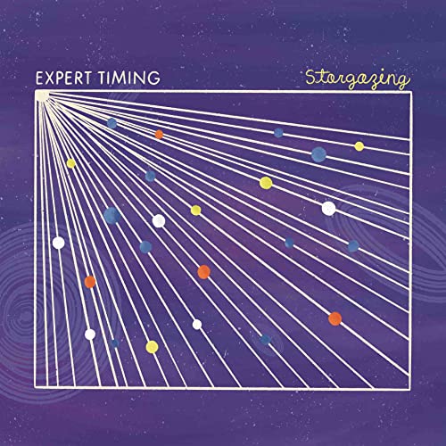 Vinyl record cover with abstract lines and colorful dots on purple.