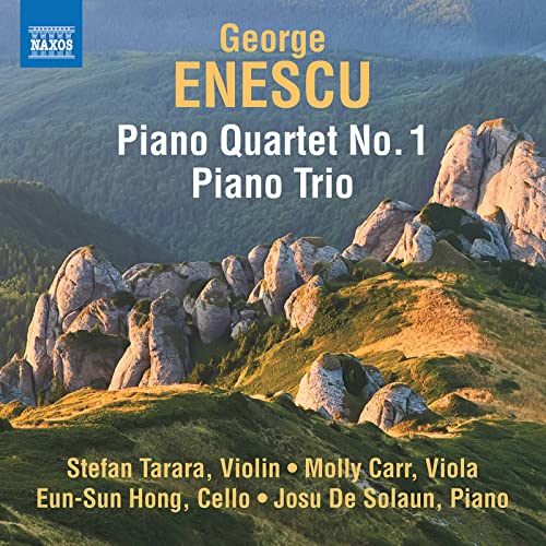 CD cover for Enescu’s Piano Quartet No. 1 with rocky landscape.