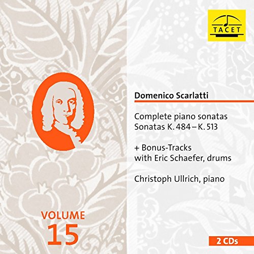 Album cover with beige floral pattern, orange accents, and text describing Scarlatti's piano sonatas.