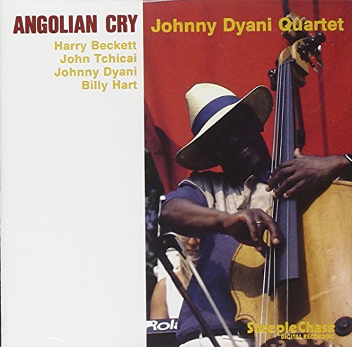 "CD cover with a man playing double bass, white hat, and red background."