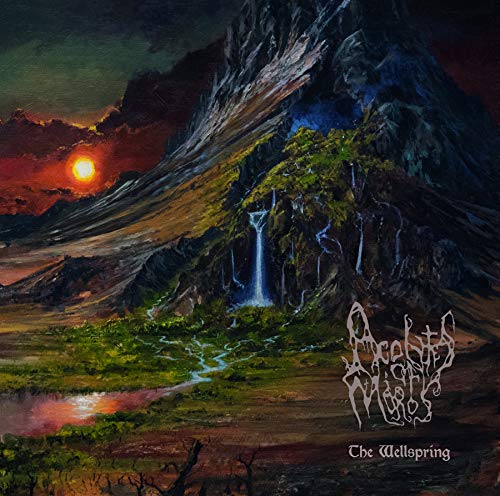 "Album cover art: dark landscape with waterfall, mountains, and sunset, with 'Wellspring' text."