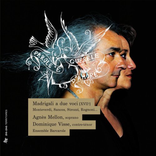 CD cover with man and woman profiles and white dove illustration on black background.