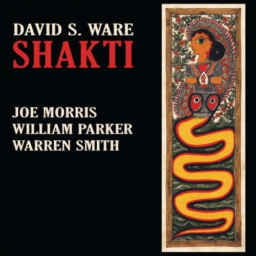 "Album cover with black background, artist names, and illustration of a woman and snake."