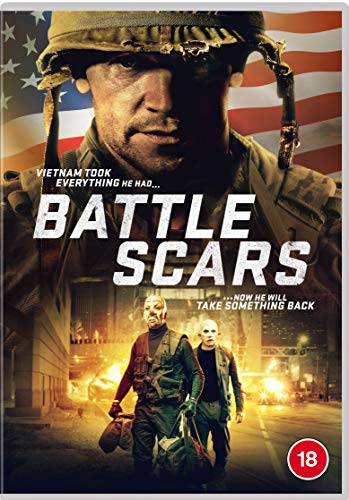 DVD cover for "Battle Scars" featuring a soldier and two men walking down a street.
