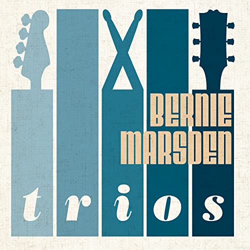 Album cover for Bernie Marsden’s “Trios” featuring guitar and drum imagery.