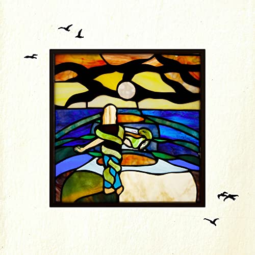 Stylized album cover with a figure near a beach under a colorful sky.