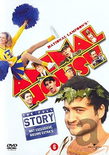 "Animal House DVD cover featuring a cheerleader and a man's portrait with laurel wreath."