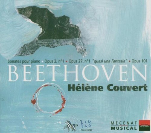 "CD cover with abstract blue background, Beethoven's name, and pianist Helene Couvert's name."