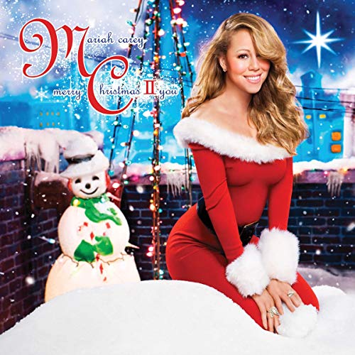 Mariah Carey in red suit, snowman, snowy winter scene, album cover.