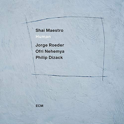 "Album cover with light blue textured background, black text, and simple square outline."