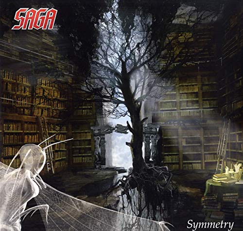 Album cover for Saga's "Symmetry" featuring a tree in a library.