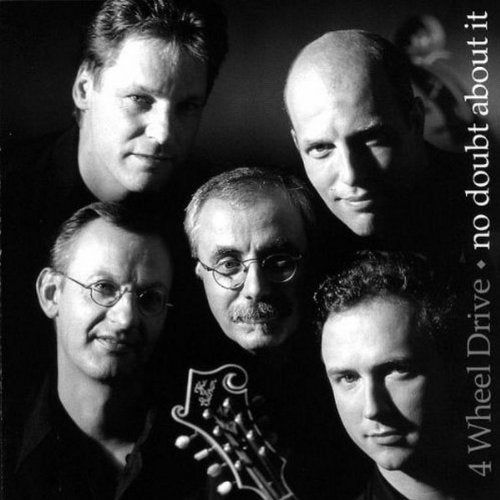 "Black and white album cover featuring five men and a banjo headstock."
