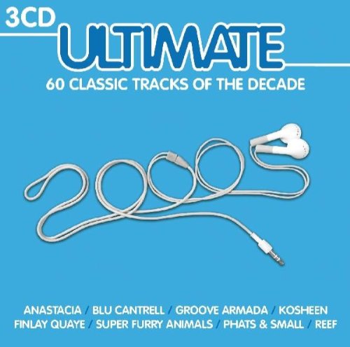"Blue album cover with '2000s' formed by white earbuds and cord, listing artists below."