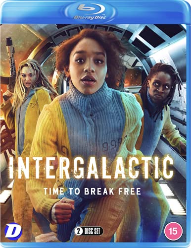 Three women in yellow and blue jumpsuits stand inside a spaceship on this Blu-ray.