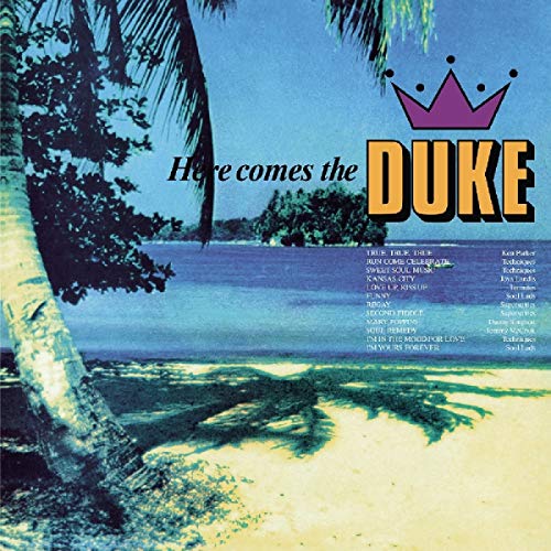 "Vinyl record cover with beach scene, palm tree, and 'Here comes the Duke' text."