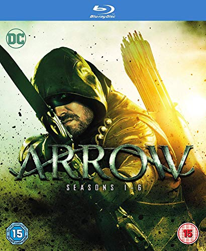 "Blu-ray cover featuring a man in a green hooded costume holding a bow and arrow."