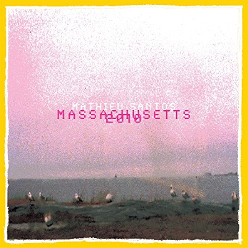 "Album cover with 'Massachusetts' text, pink sky, and seagulls on a shore, yellow border."