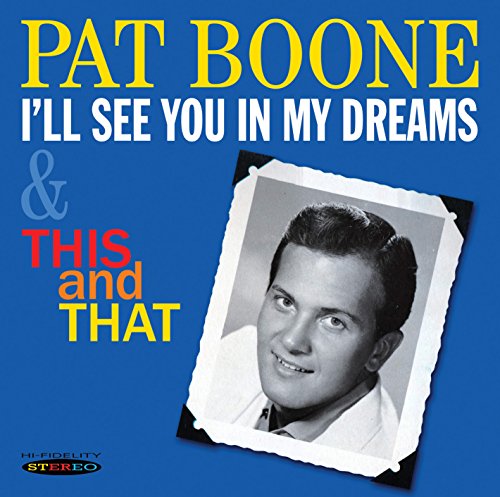 Pat Boone CD cover featuring a black and white photo on a blue background.
