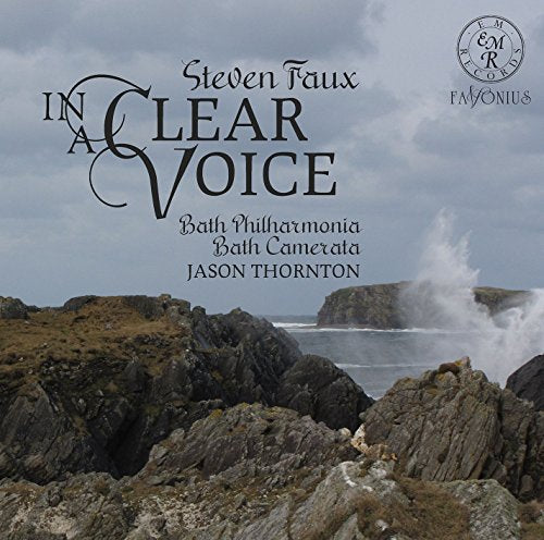 "Album cover with rocky coastline, cloudy sky, and black title text 'In a Clear Voice'."