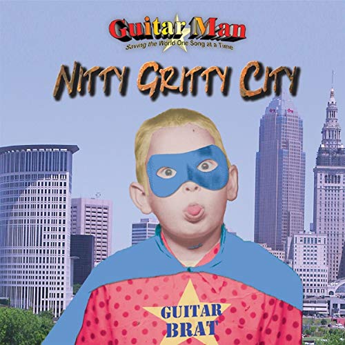 CD cover: child in superhero costume with a city skyline background.