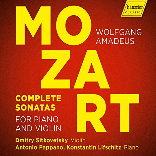 CD cover for Mozart’s complete sonatas, featuring bold yellow text on black.