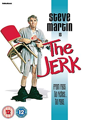 Steve Martin in a bathrobe holding a red chair on The Jerk DVD cover.
