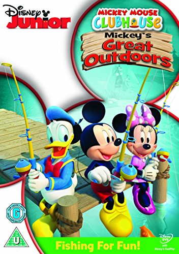 "Mickey Mouse Clubhouse DVD cover featuring Mickey, Minnie, and Donald Mouse fishing together."