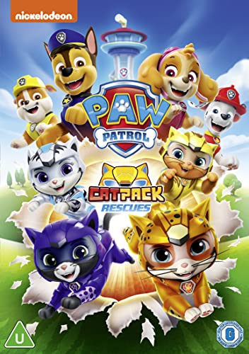 Paw Patrol characters, including cats, on a DVD cover.