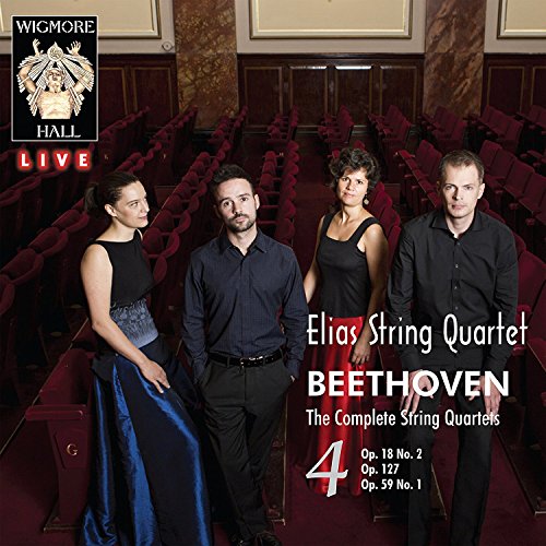 Elias Quartet portrait with concert hall seating, album cover for Beethoven quartets.
