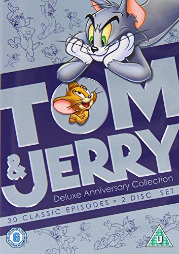 "Tom and Jerry DVD cover featuring cartoon cat and mouse characters on a purple background."
