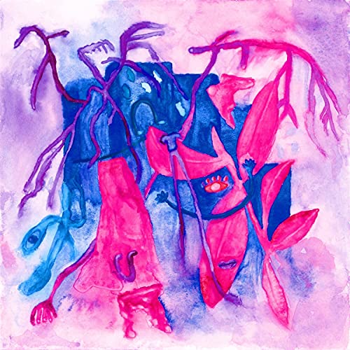 Abstract watercolor painting of figures in pink, blue, and purple hues.