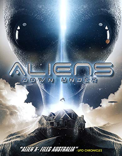 "Aliens Down Under" DVD cover featuring a large alien face and a house.