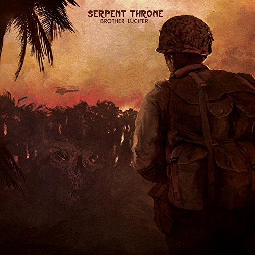 Album cover: soldier with backpack facing a monster in a jungle.
